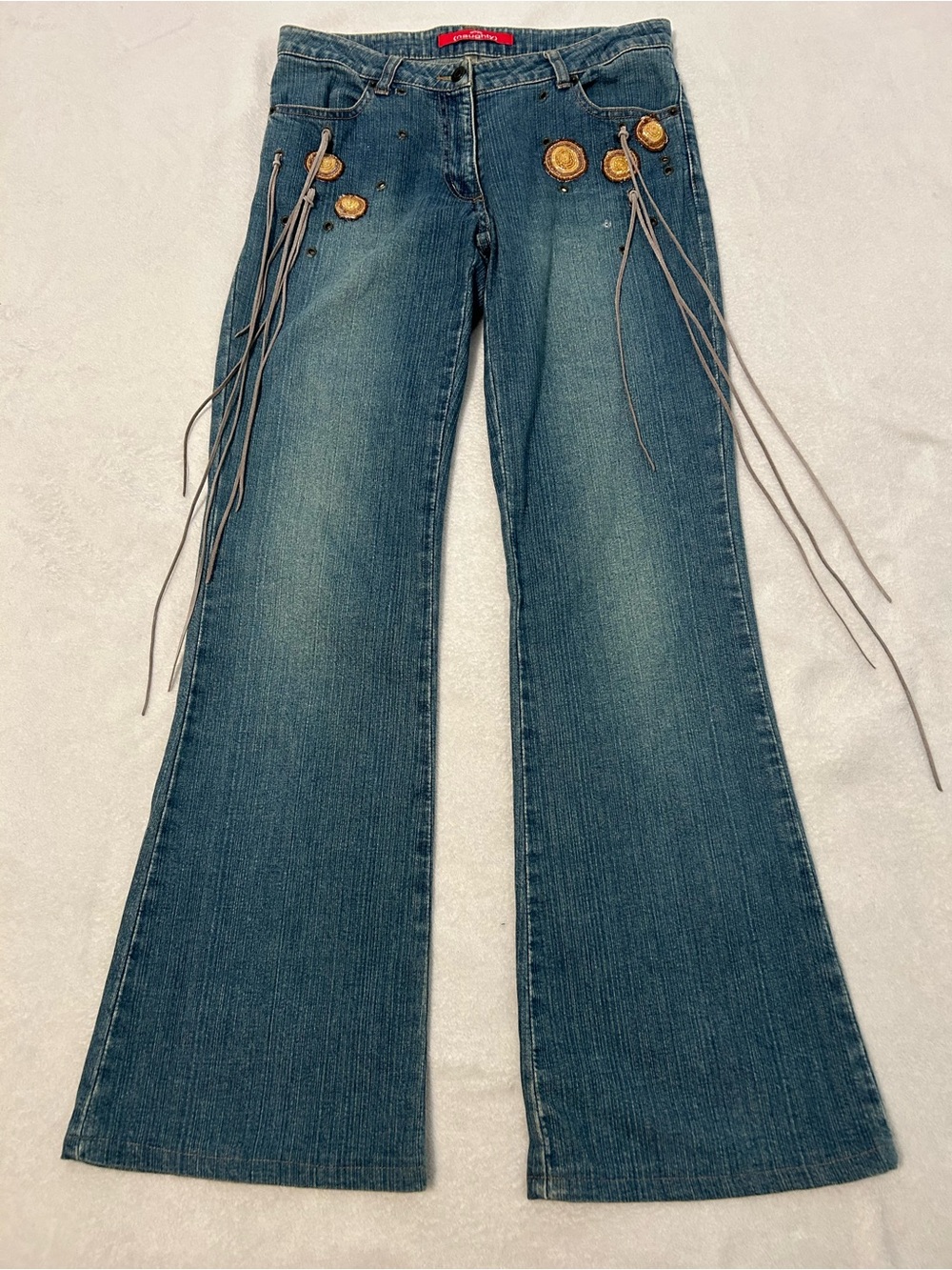 Vintage Boho Indie - Blue Embroidered Flared Jeans (Strings are Removable)